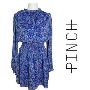 Pinch Elegant Floral Pleated Long Sleeve Women’s Blue Dress Size Large